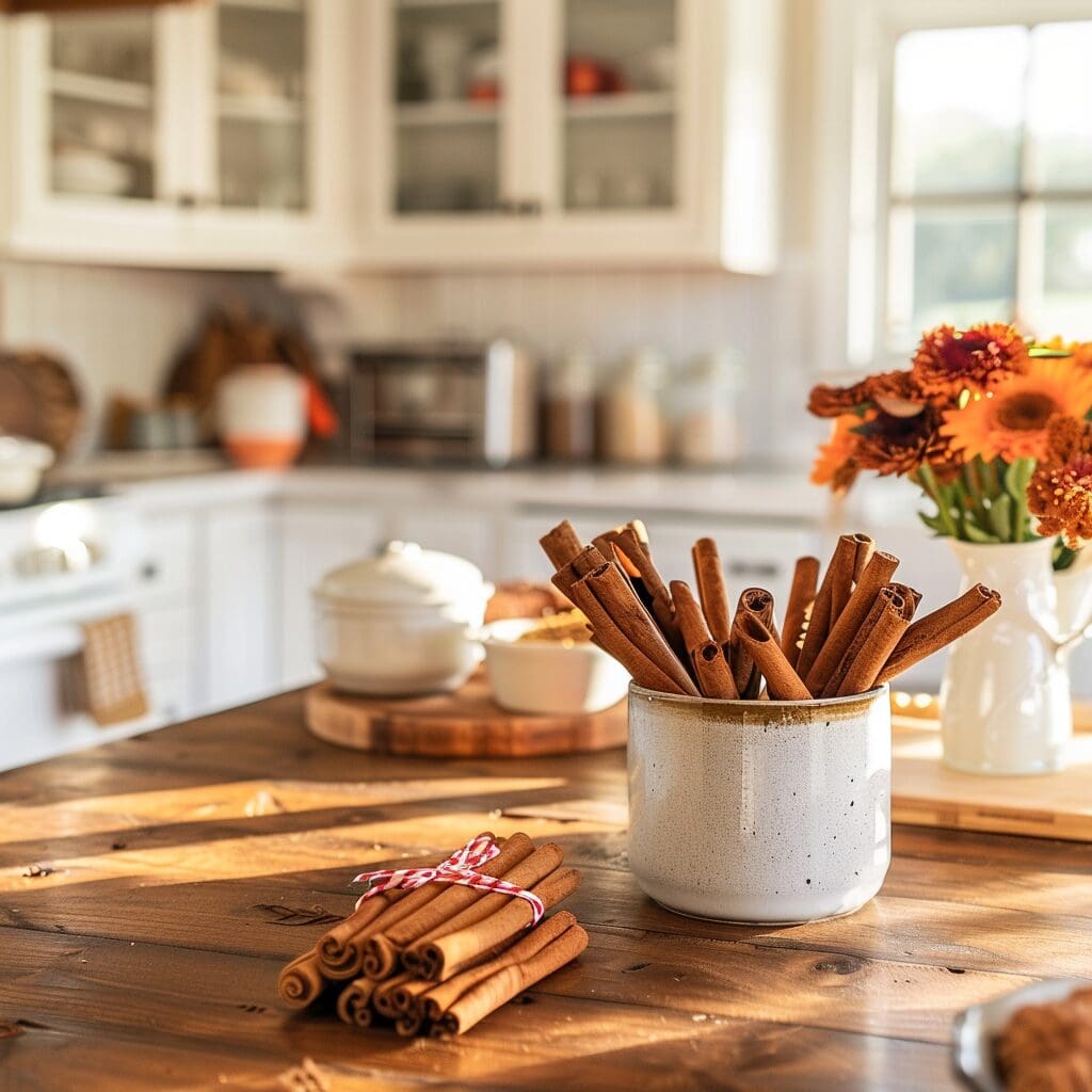 cinnamon bark sticks on a farm table