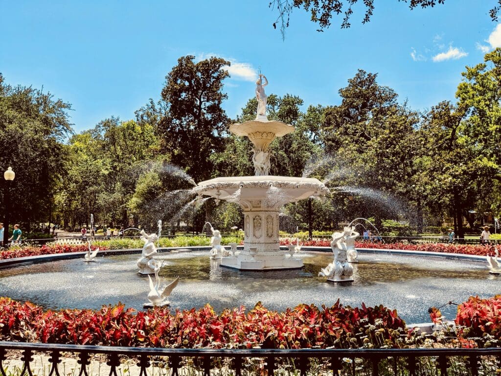 Famous fountain in Savannah's Forsyth Park in the Historic district of Savannah Georgia, constructed in 1858,
