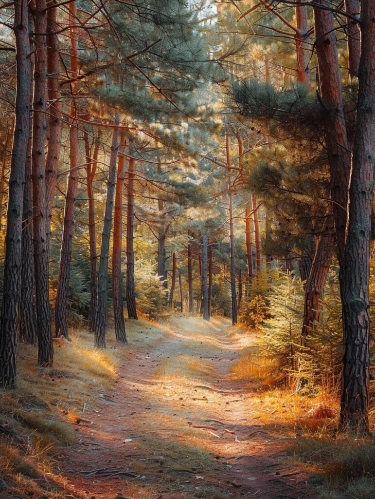 shows a serene wooded pine forest path