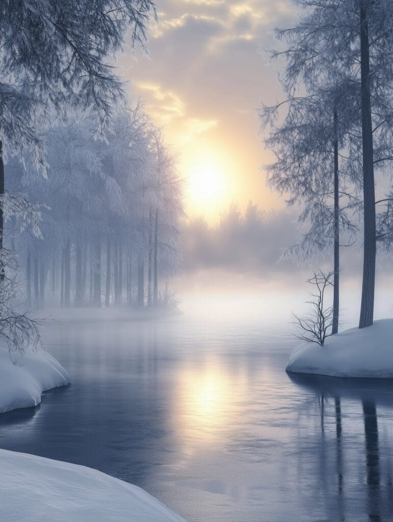misty morning winter diffuser blend showcasing the edge of a frozen lake with mist hovering
