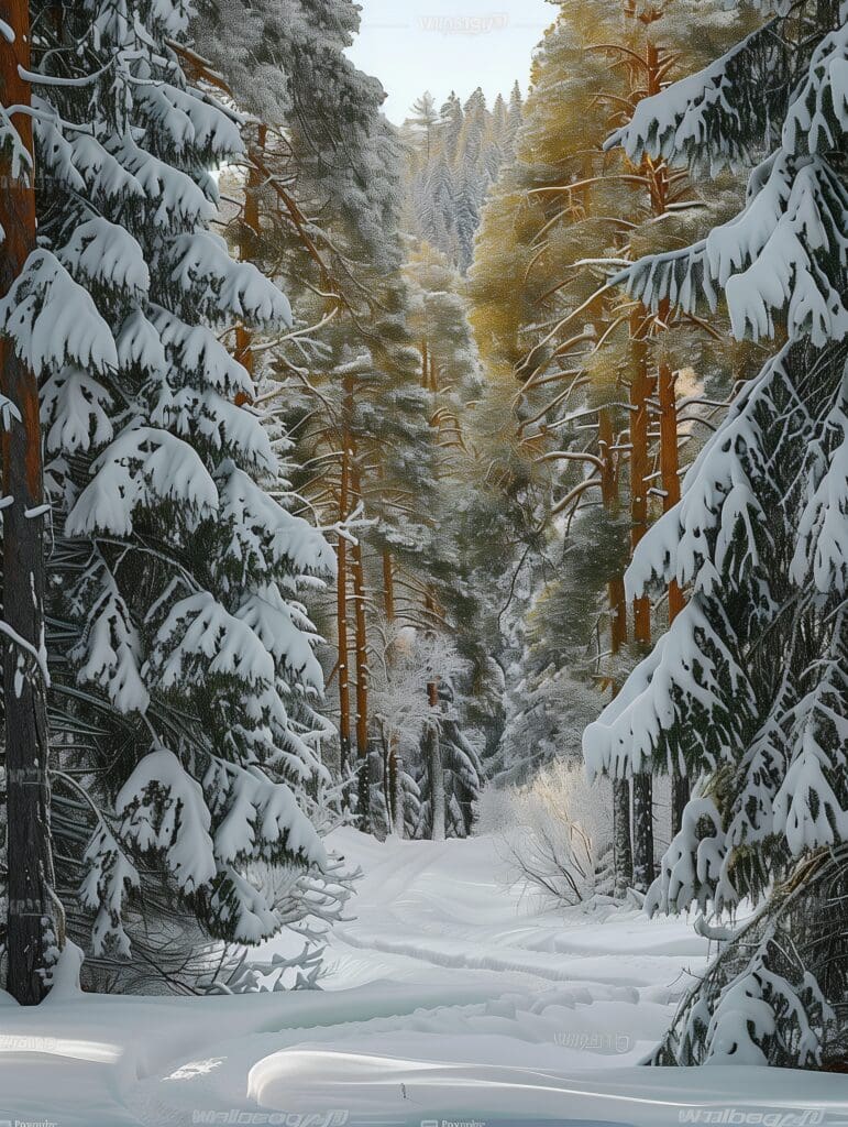 walk in the woods winter diffuser blend showing a winter scene with snowy pines on either side of a snow covered path