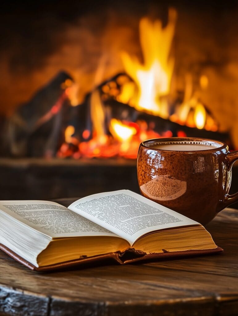 warm and comfy diffuser blend feeling showing a book and hot cocoa in front of a warm fireplace