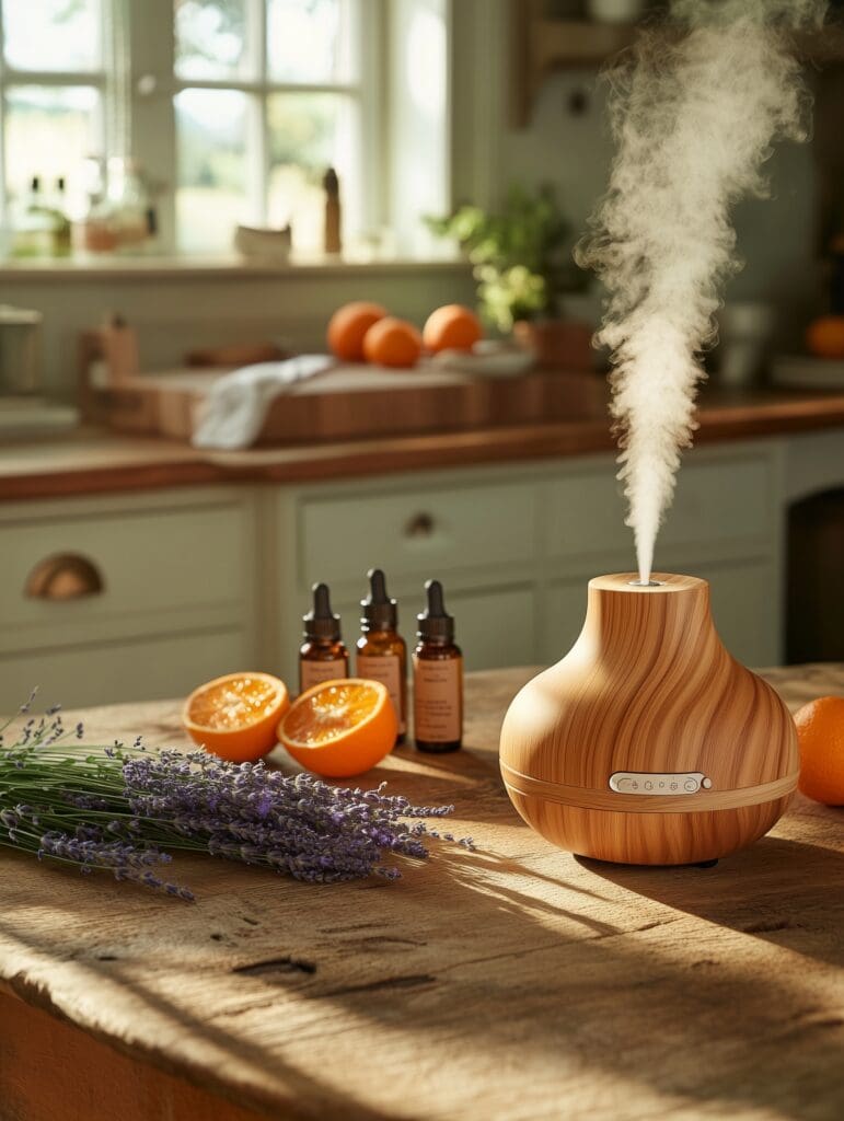 winter blues buster winter diffuser blend showing lavender and orange slices on a rustic table with an electronic diffuser